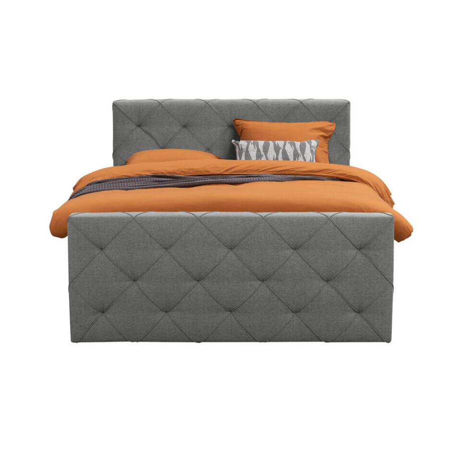 Leen Bakker - Boxspring Met Voetbord Liv Geruit - Licht - 140x200 Cm - Vierkante Poot - Stof - Grijs afbeelding 1