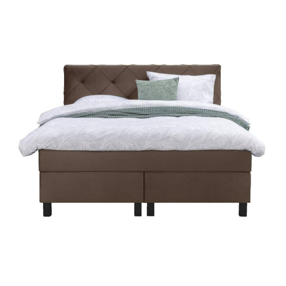 Leen Bakker - Boxspring Liv Geruit - 140x200 Cm - Vierkante Poot - Stof/Velvet - Bruin afbeelding 1