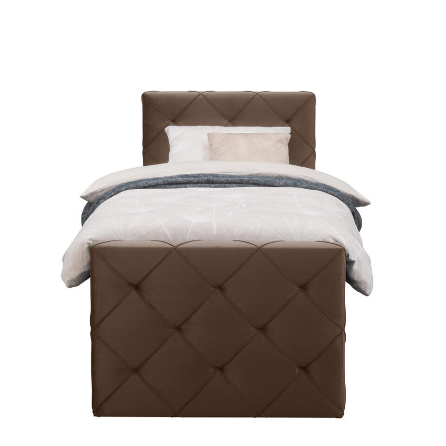 Leen Bakker - Boxspring Met Voetbord Liv Geruit - 90x200 Cm - Vierkante Poot - Stof/Velvet - Bruin Leen Bakker - Boxspring Met Voetbord Liv Geruit - 90x200 Cm - Vierkante Poot - Stof/Velvet - Bruin afbeelding 1