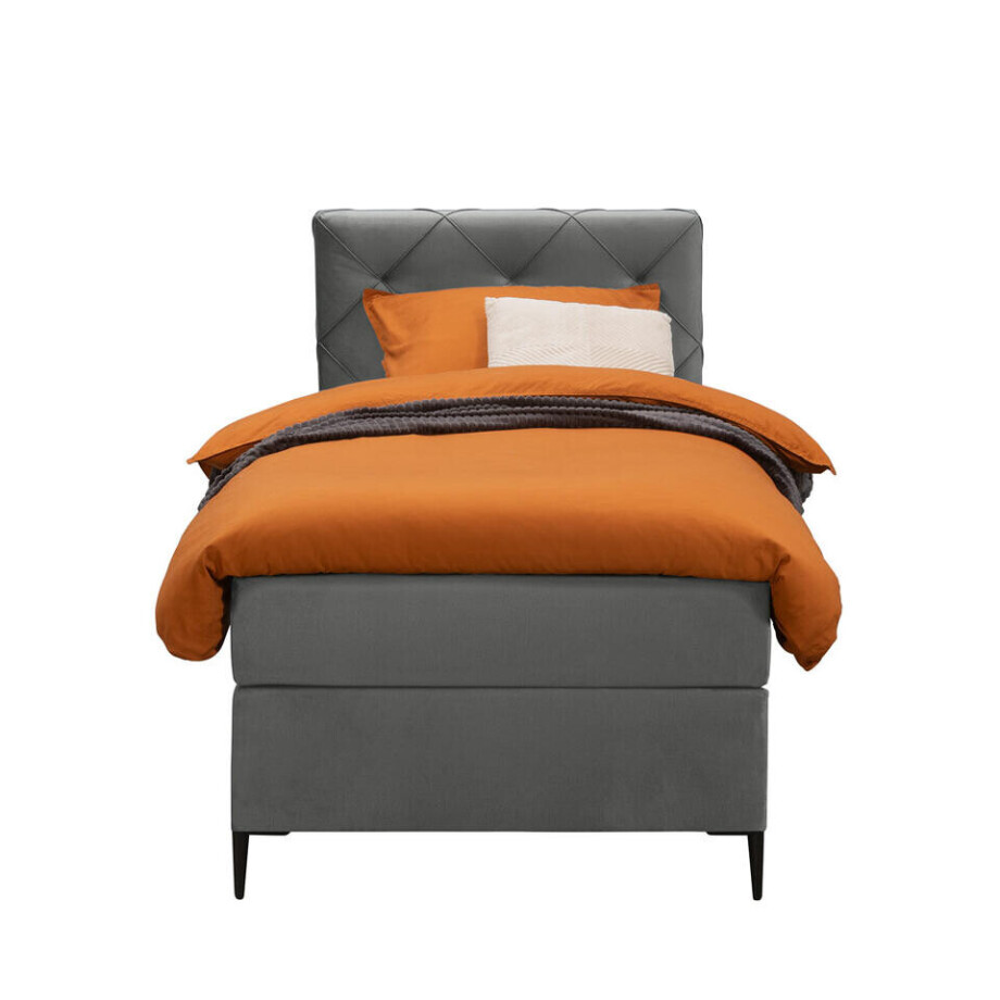 Leen Bakker - Boxspring Liv Geruit - 90x200 Cm - Slanke Poot - Stof/Velvet - Grijs Leen Bakker - Boxspring Liv Geruit - 90x200 Cm - Slanke Poot - Stof/Velvet - Grijs afbeelding 1