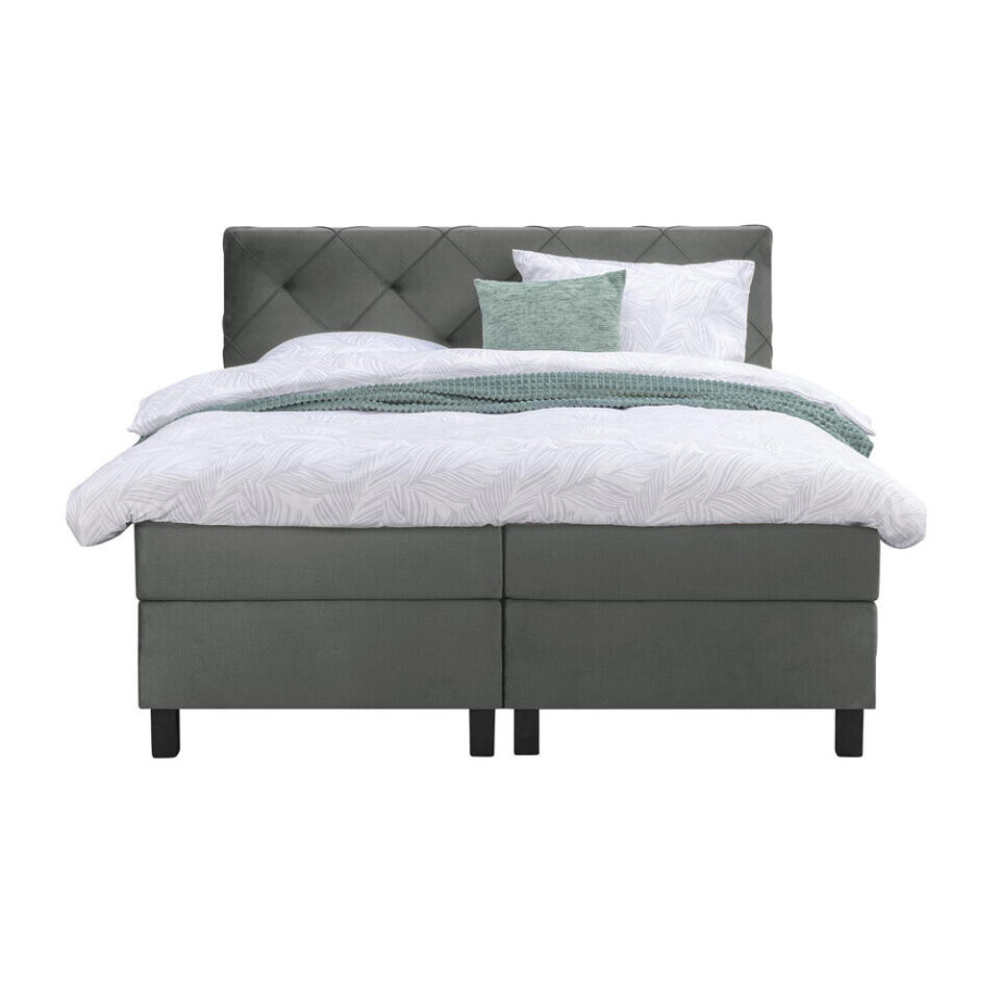 Leen Bakker - Boxspring Liv Geruit - 160x200 Cm - Vierkante Poot - Stof/Velvet - Grijs afbeelding 1