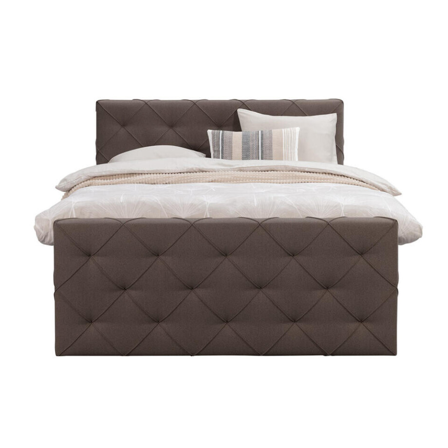 Leen Bakker - Boxspring Met Voetbord Liv Geruit - Donker - 180x200 Cm - Ronde Poot - Stof - Bruin Leen Bakker - Boxspring Met Voetbord Liv Geruit - Donker - 180x200 Cm - Ronde Poot - Stof - Bruin afbeelding 1
