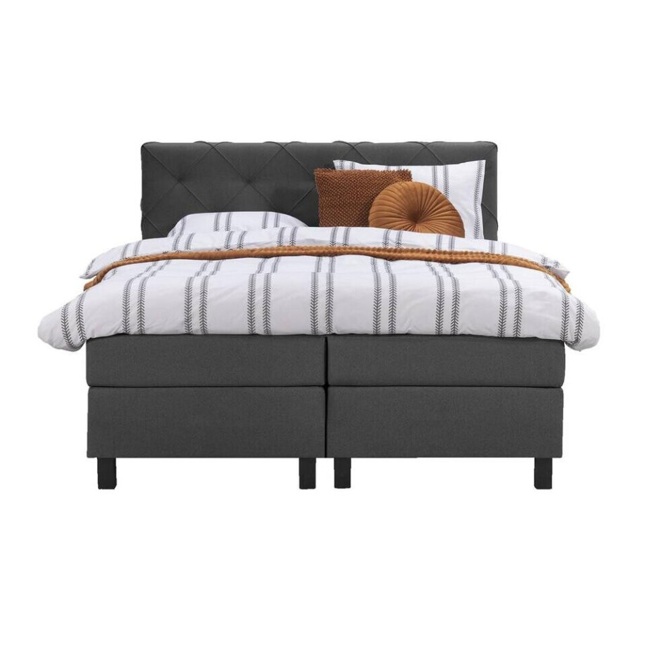 Leen Bakker - Boxspring Liv Geruit - Antraciet - 160x200 Cm - Vierkante Poot - Stof - Grijs afbeelding 1
