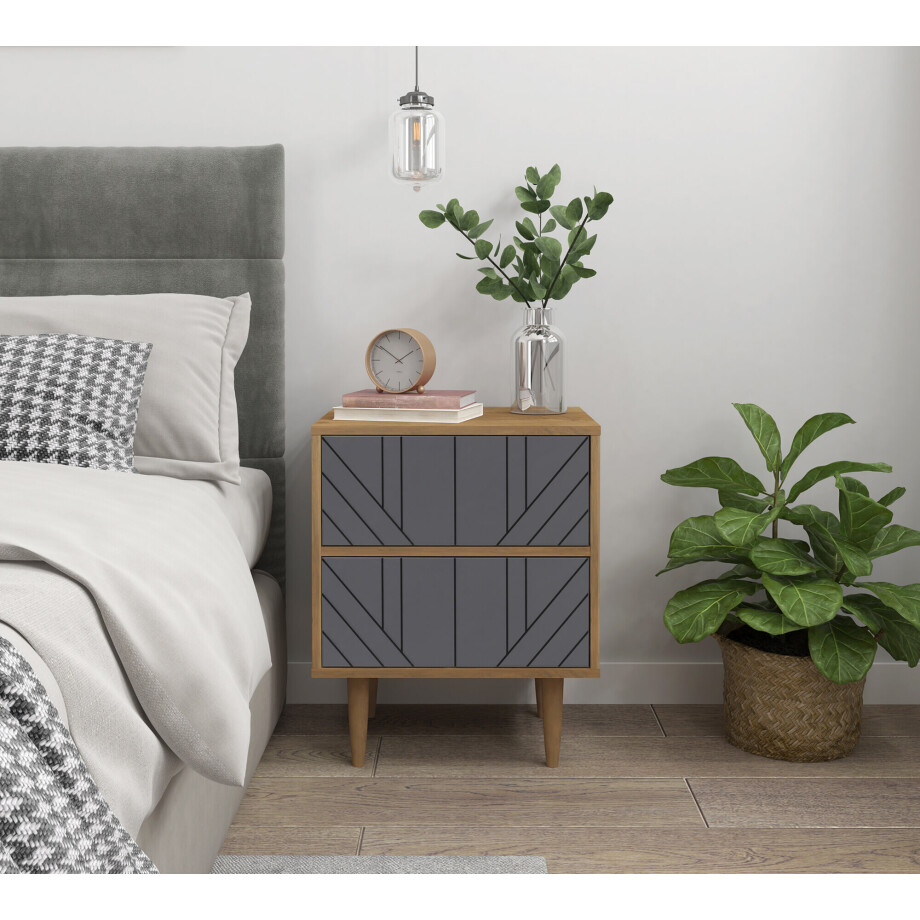 Artistiq Nachtkastje 'Beckham' 2 lades, kleur Grijs / Naturel afbeelding 