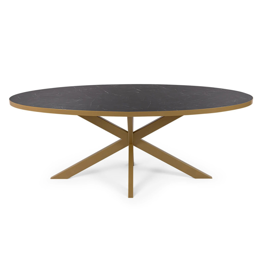 Stalux Ovale eettafel 'Mees' 240 x 110cm, kleur goud / zwart marmer afbeelding 