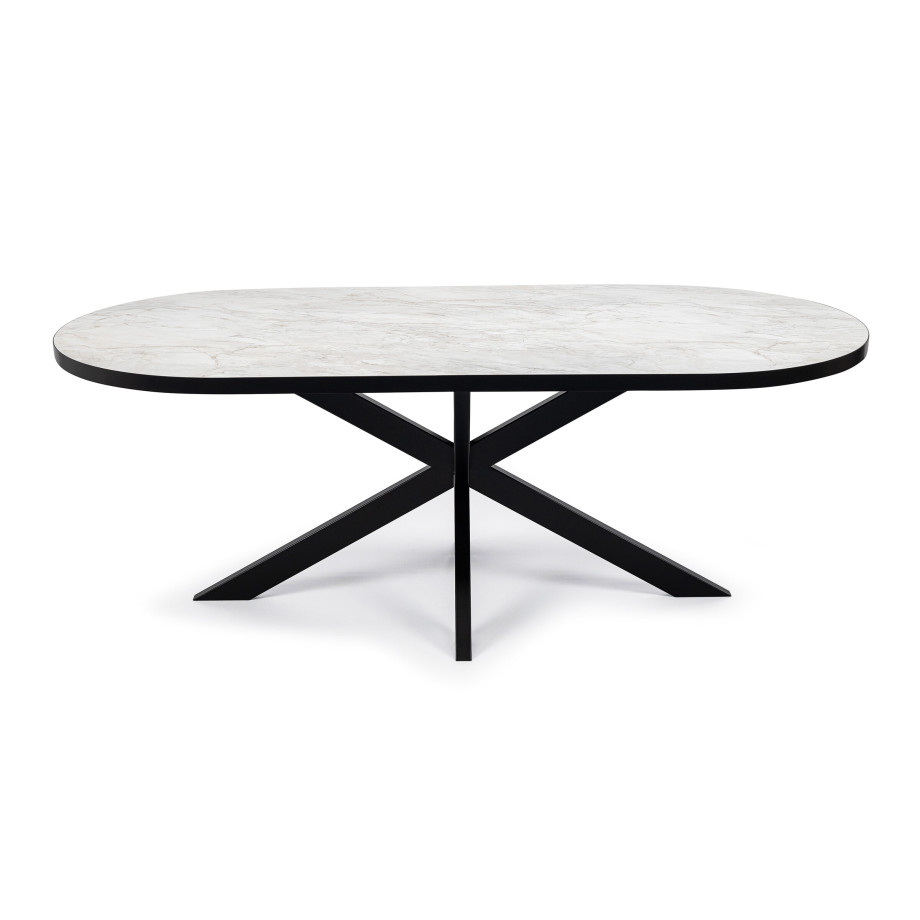 Stalux Plat Ovale eettafel 'Noud' 210 x 100cm, kleur zwart / wit marmer afbeelding 1