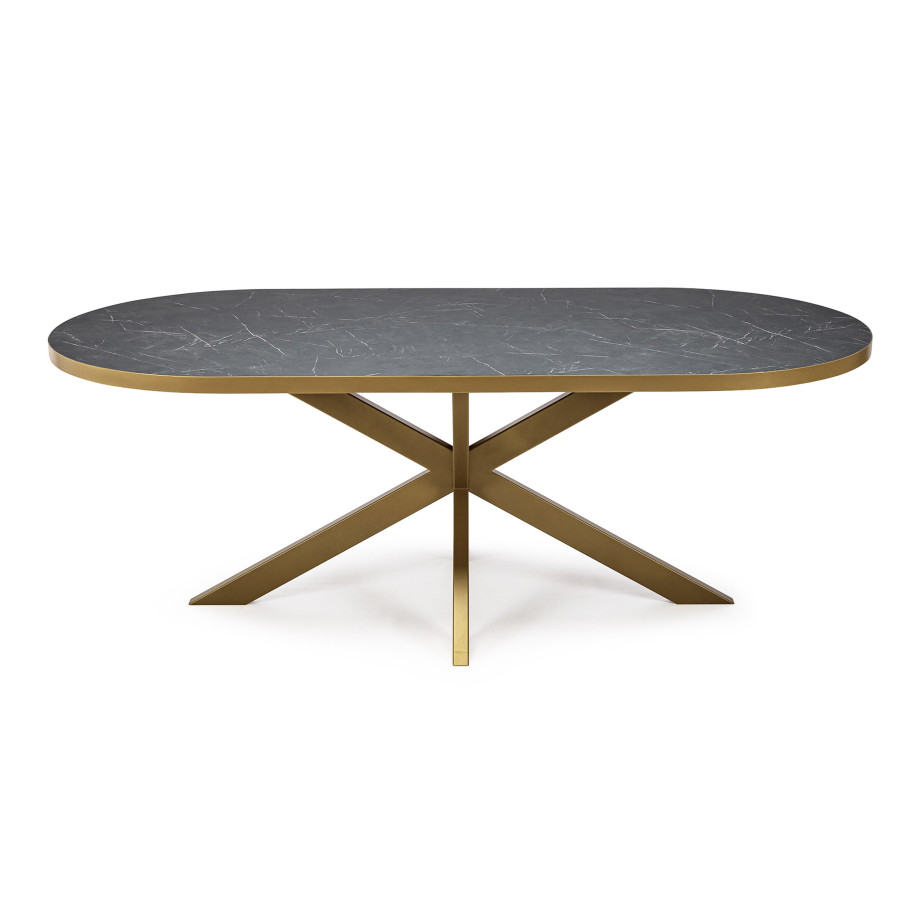 Stalux Plat ovale eettafel 'Noud' 240 x 100, kleur goud / zwart marmer afbeelding 