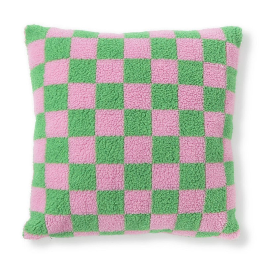Kussen geblokt - roze/groen - 45x45 cm afbeelding 