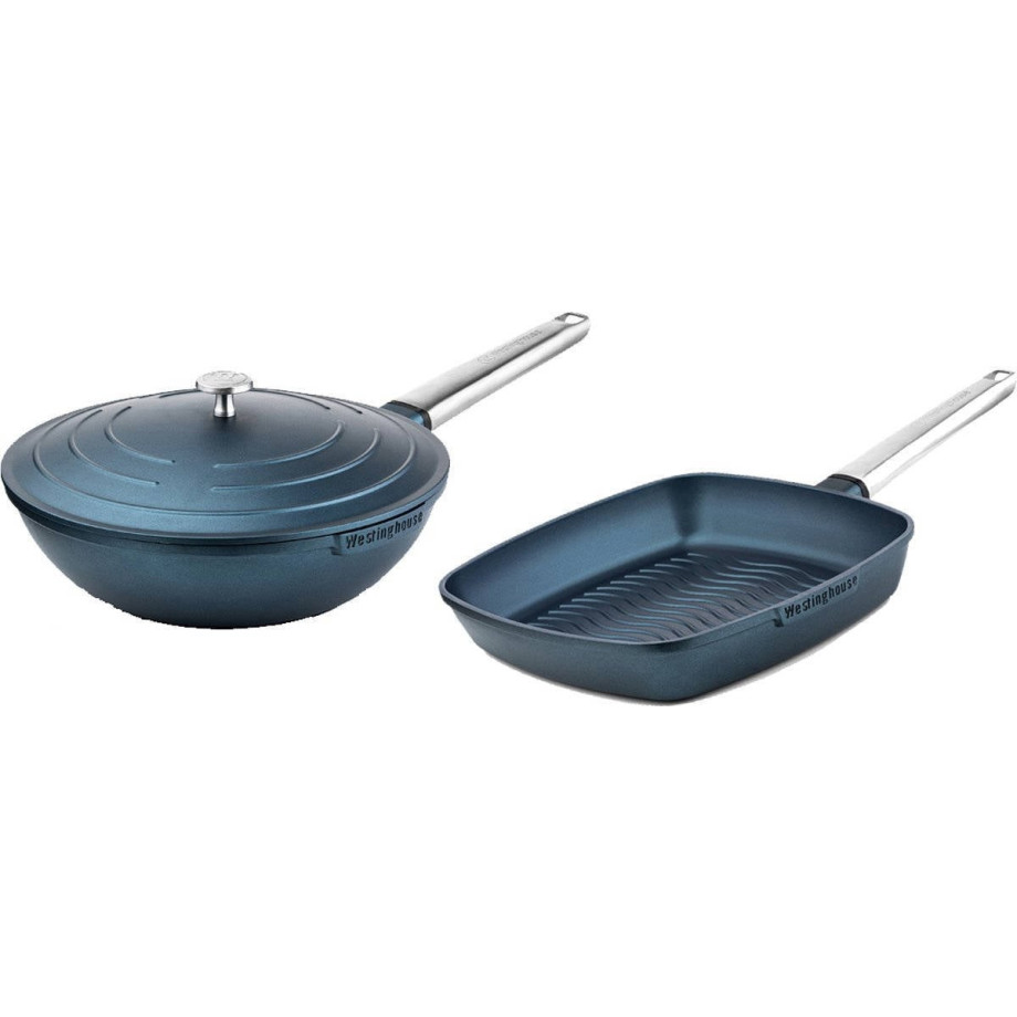 Westinghouse Pannenset Performance (Wokpan + Grillpan) ø 28 cm - Blauw - Inductie en alle andere warmtebronnen afbeelding 