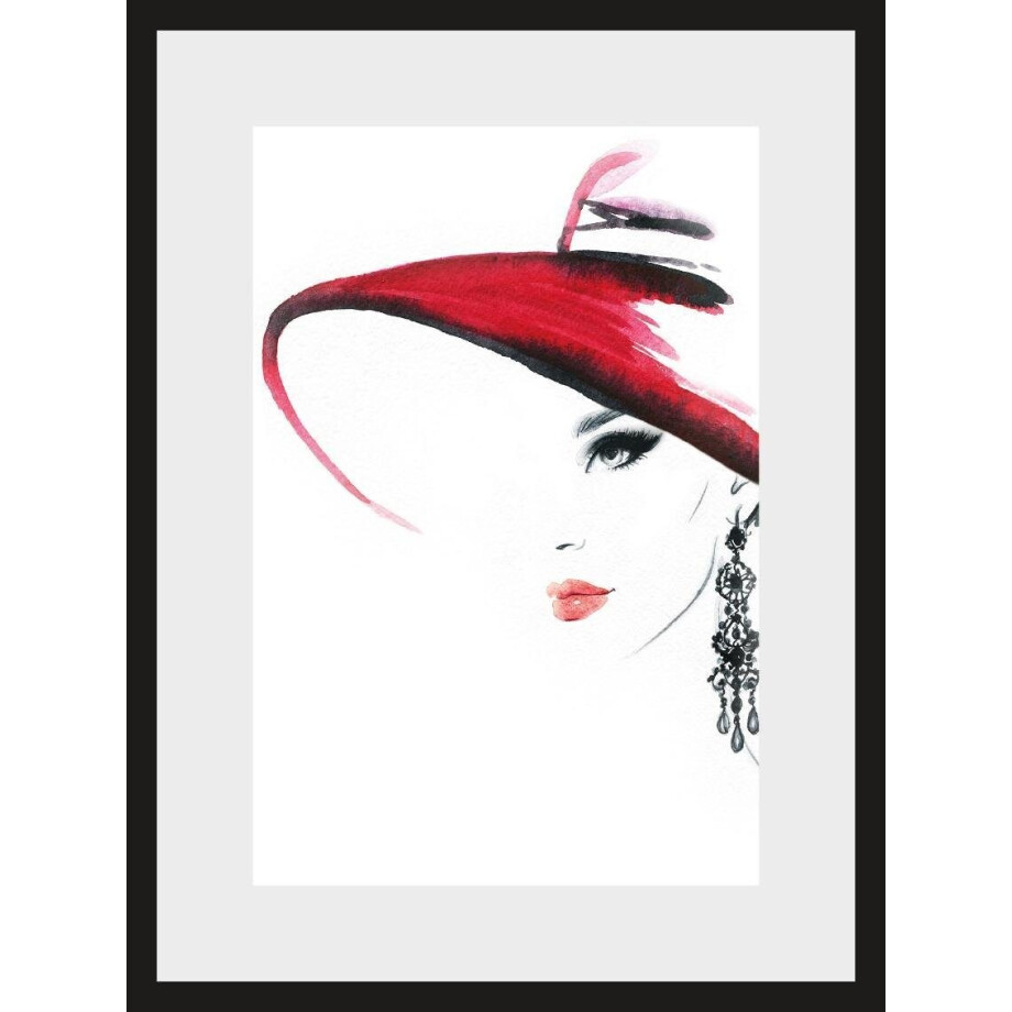 Leonique Wanddecoratie Schets van een vrouw met hoed en oorbel HD premium posterdruk incl. houten lijst afbeelding 1