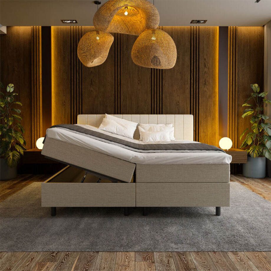 2-Persoons Boxspring Met Opbergruimte Beam - Beige - Beige 140x210 Cm - Pocketvering - Inclusief Topper - Dekbed-Discounter.nl afbeelding 1