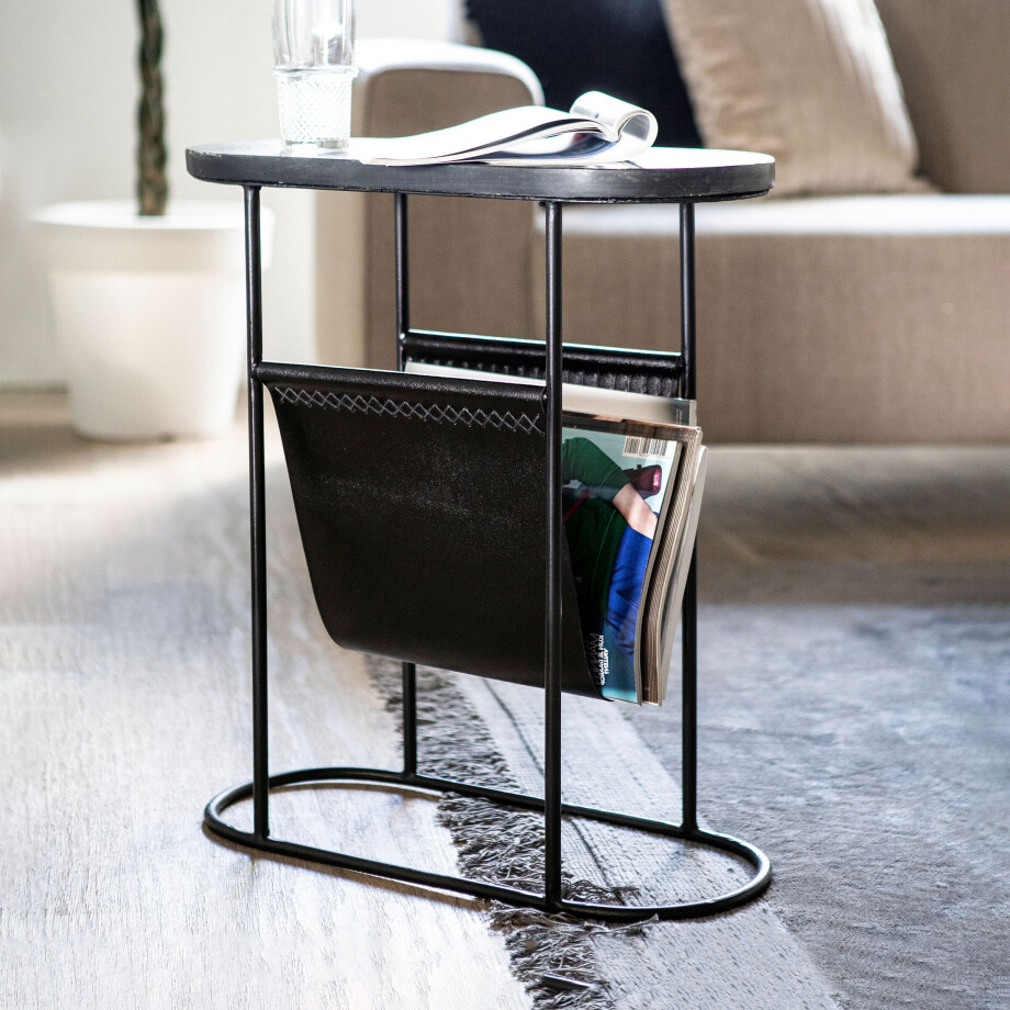 By-Boo Bijzettafel 'Daily' marmer en leer met tijdschriftenhouder, kleur zwart By-Boo Bijzettafel 'Daily' marmer en leer met tijdschriftenhouder, kleur zwart afbeelding 1