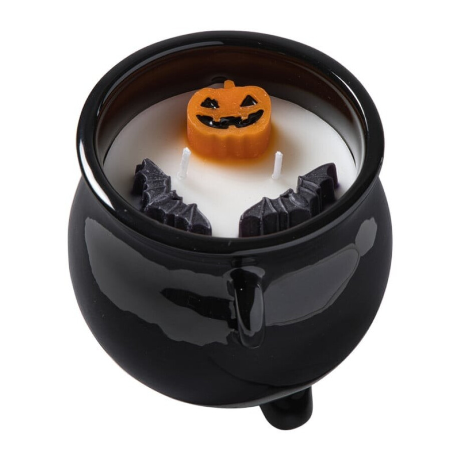 Halloween geurkaars heksenketel - wit/zwart - ø13x12 cm afbeelding 