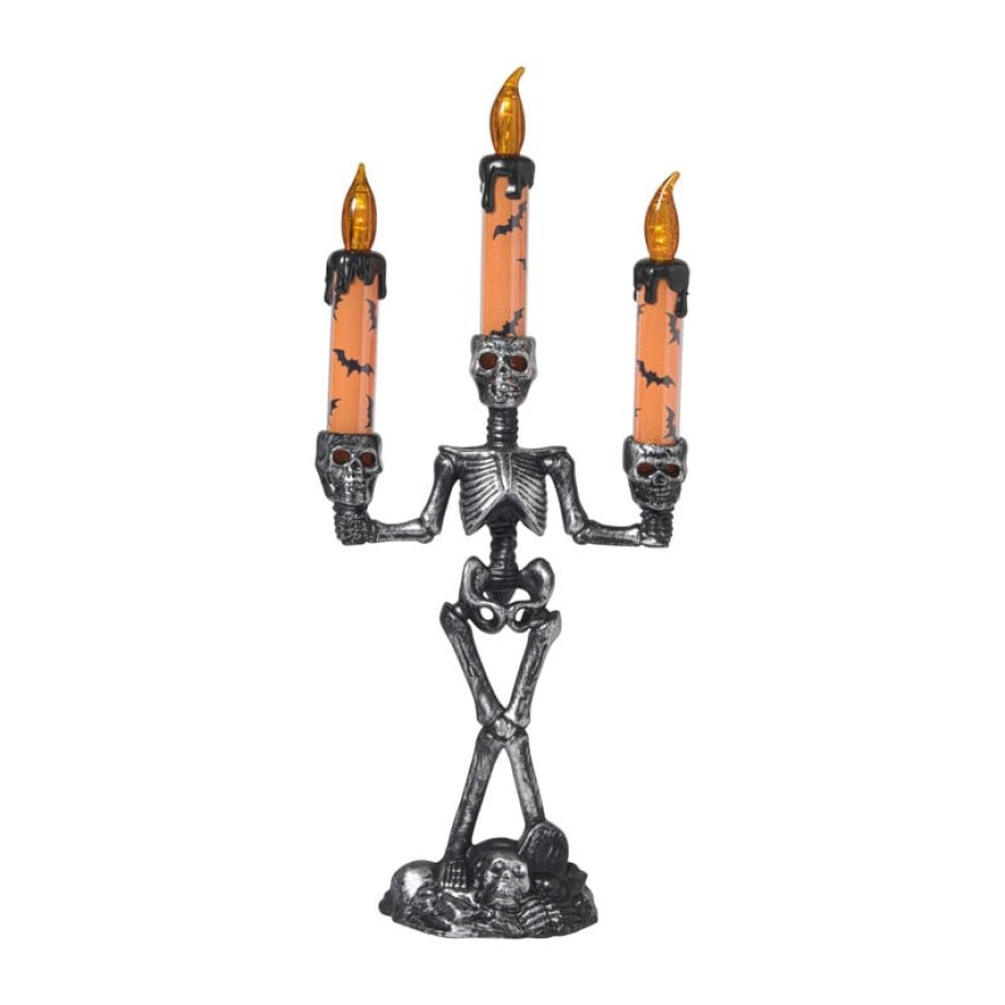 Halloween LED kandelaar - oranje/zilverkleurig - 35.5x16x8 cm afbeelding 
