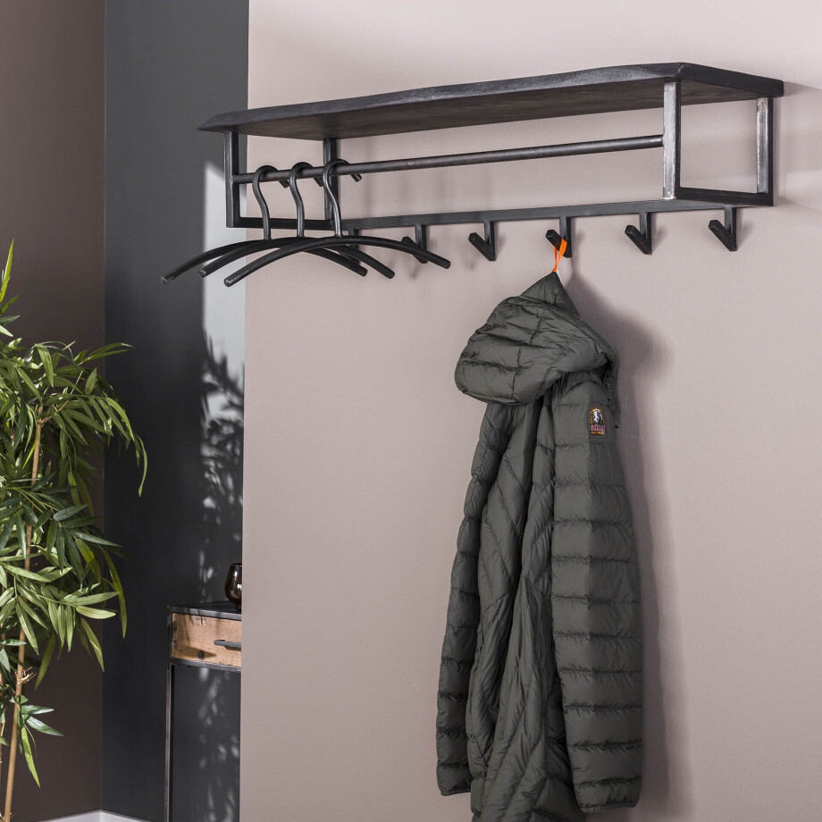 Kapstok 'Yena' Acaciahout en metaal, met 6 haken en plank, kleur zwart Kapstok 'Yena' Acaciahout en metaal, met 6 haken en plank, kleur zwart afbeelding 1