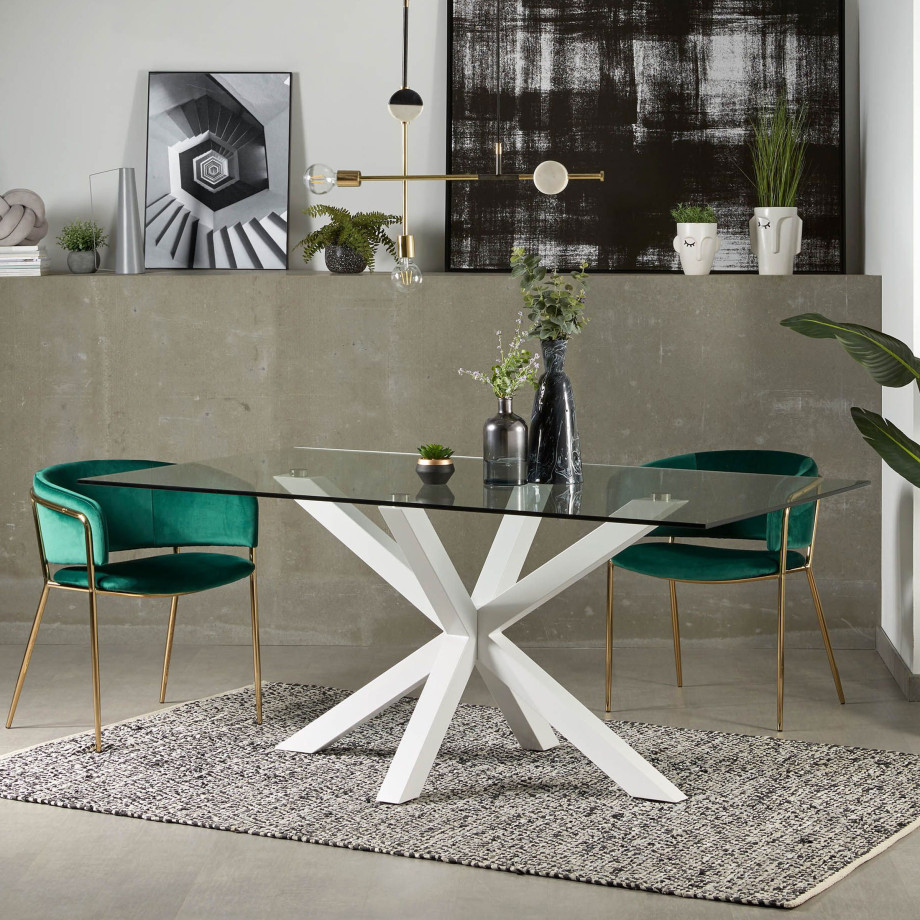 Kave Home glazen eettafel 'Argo' met wit onderstel, 160 x 90cm afbeelding 