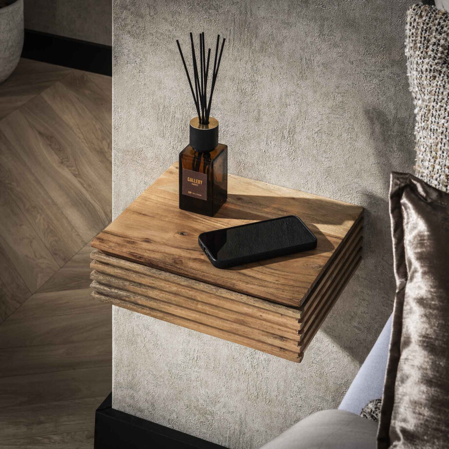 LifestyleFurn Hangend Nachtkastje 'Tamia' Acaciahout, Met lade, Set van 2 stuks afbeelding 1