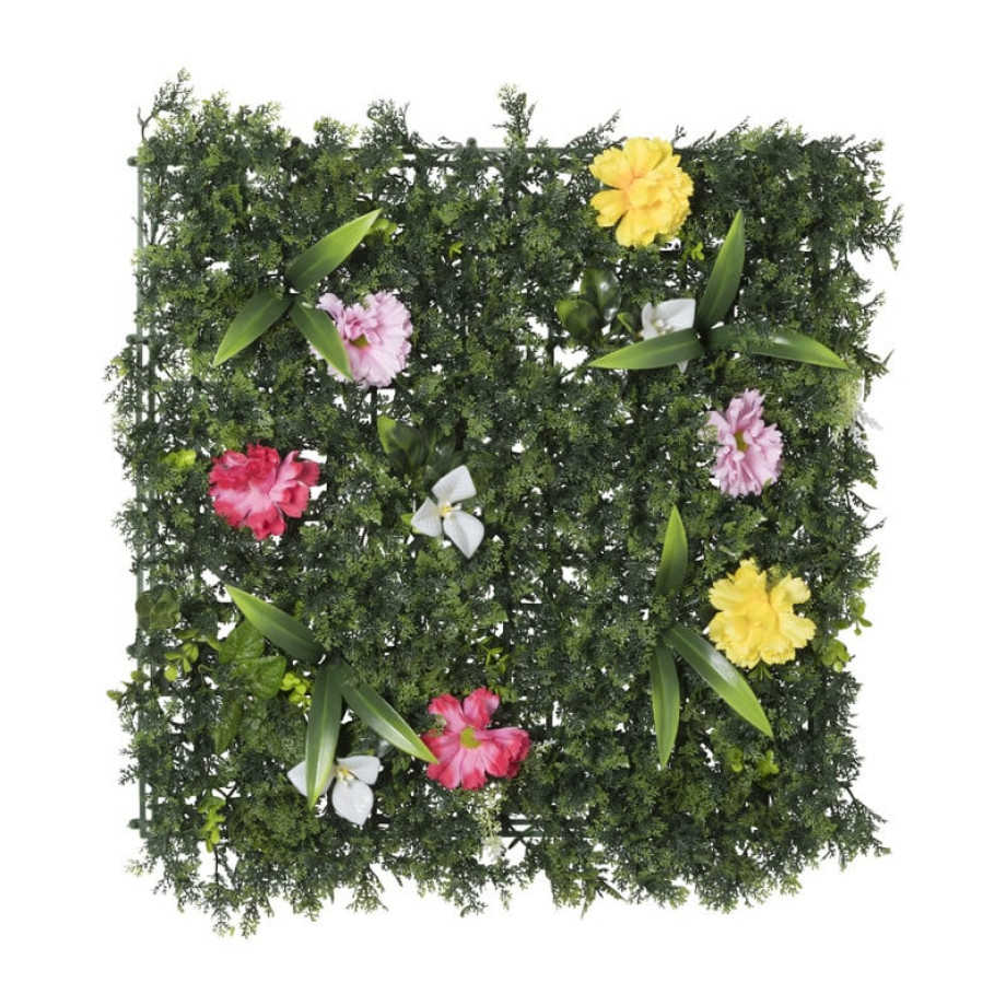 Wanddecoratie met kunstgras en bloemen - groen - 50x50 cm afbeelding 