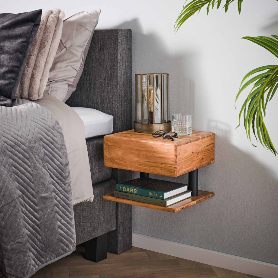 LifestyleFurn Hangend Nachtkastje 'Jaisa' Met 1 lade, Acaciahout LifestyleFurn Hangend Nachtkastje 'Jaisa' Met 1 lade, Acaciahout afbeelding 1