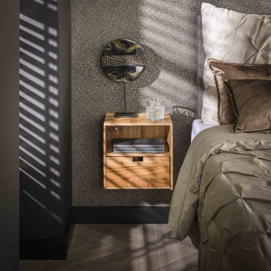 LifestyleFurn Hangend Nachtkastje 'Calan' Acaciahout, Set van 2 stuks LifestyleFurn Hangend Nachtkastje 'Calan' Acaciahout, Set van 2 stuks afbeelding 1
