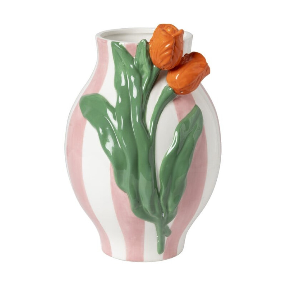 Vaas gestreept met tulp - roze/groen/oranje - ø16.6x24 cm Vaas gestreept met tulp - roze/groen/oranje - ø16.6x24 cm afbeelding