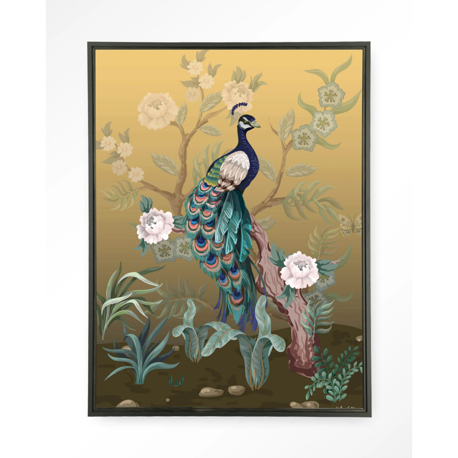 Urban Cotton Wandkleed 'Peacock' 110 x 145cm in Floating Frame - black Urban Cotton Wandkleed 'Peacock' 110 x 145cm in Floating Frame - black afbeelding