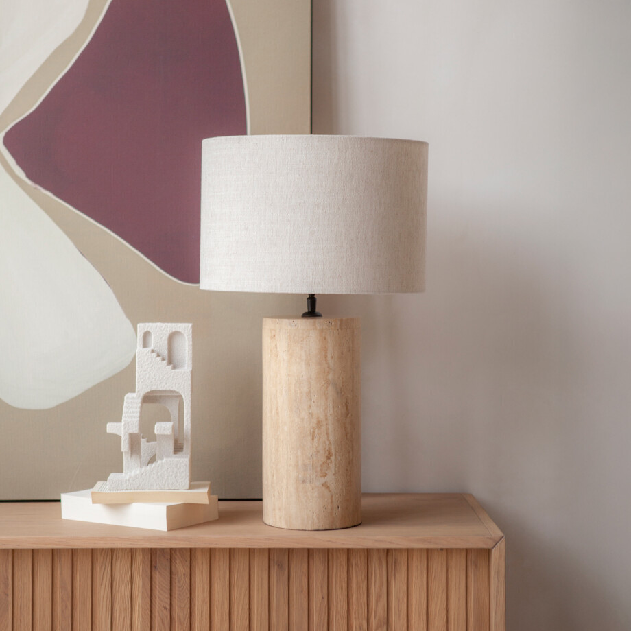 By-Boo Tafellamp 'Amara' Travertin en Linnen, 60cm afbeelding 1