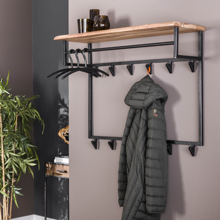 Kapstok 'Liona' Acaciahout en metaal, met 12 haken en plank Kapstok 'Liona' Acaciahout en metaal, met 12 haken en plank afbeelding 1