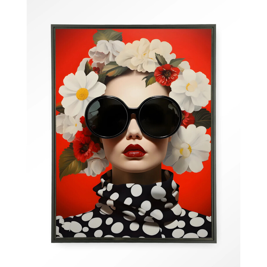 Urban Cotton Wandkleed 'Red Flower' 80 x 110cm in Floating Frame - black afbeelding 