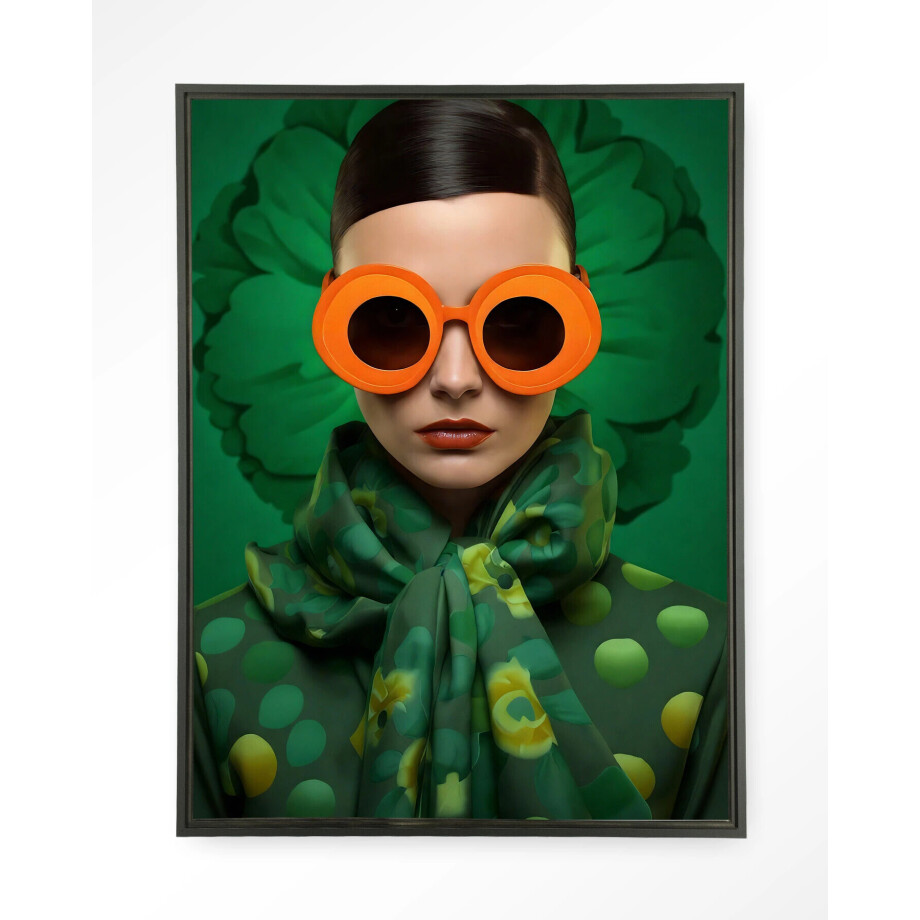 Urban Cotton Wandkleed 'Green Flower' 80 x 110cm in Floating Frame - black afbeelding 