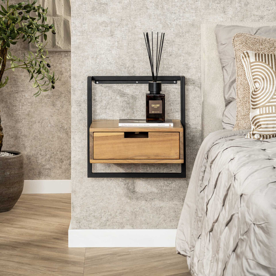 LifestyleFurn Nachtkastje 'Cruz' Acaciahout en metaal, Met 1 lade afbeelding 