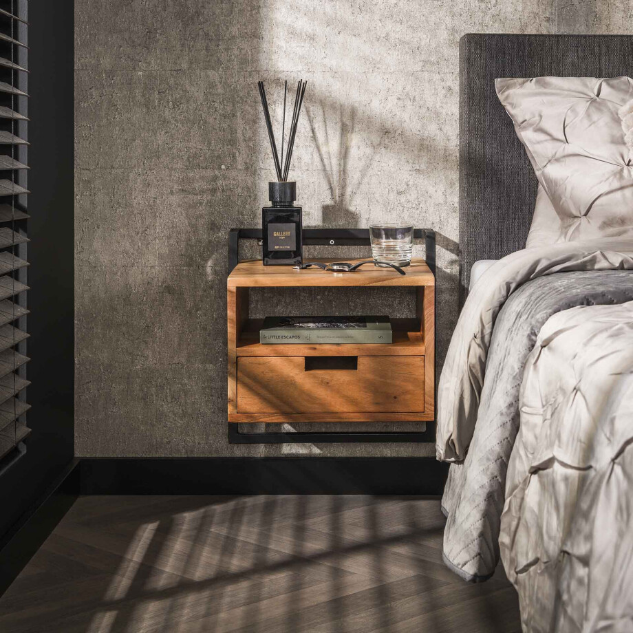 LifestyleFurn Nachtkastje 'Cruz' Acaciahout en metaal, Met 1 lade afbeelding 