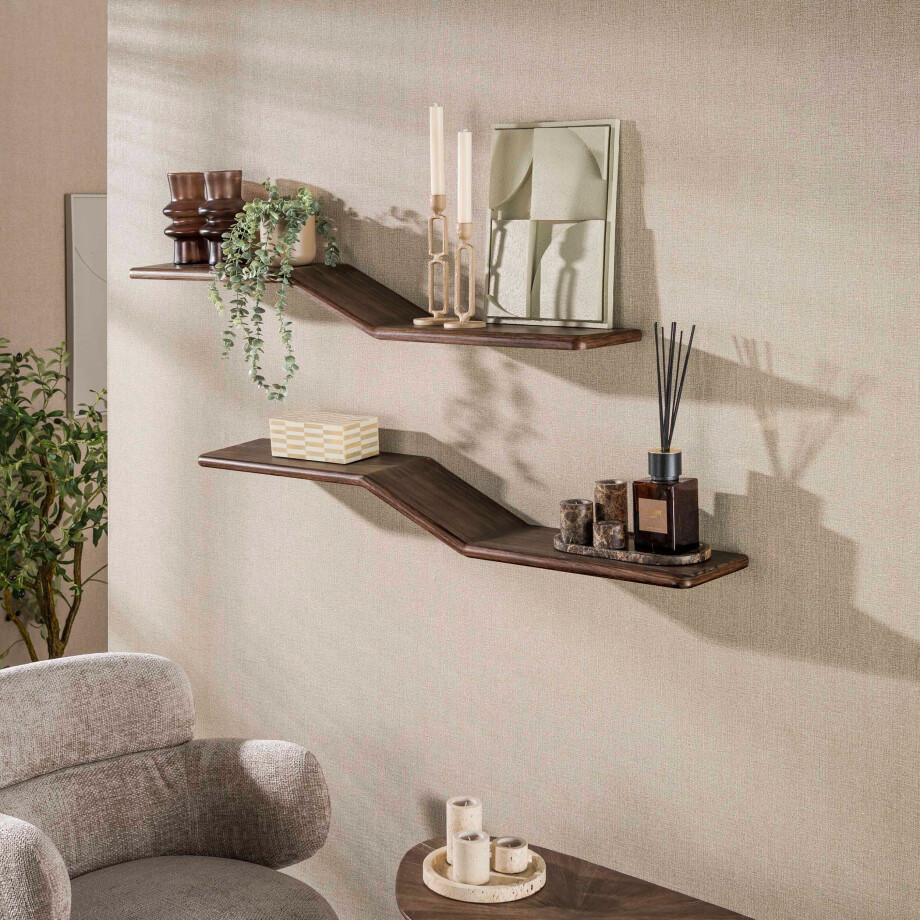 Wandplank Maya Teak S-shape set van 2 Massief teak espresso afbeelding 1