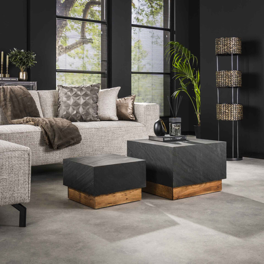 LifestyleFurn Salontafel 'Rondy' Leisteen en acaciahout, Set van 2 stuks afbeelding 1