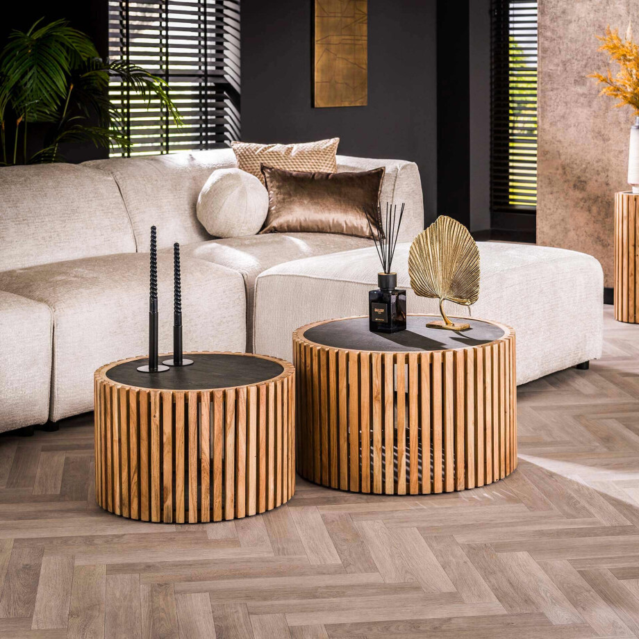 LifestyleFurn Ronde Salontafel 'Hebah' Acaciahout en leisteen, Set van 2 stuks afbeelding 1