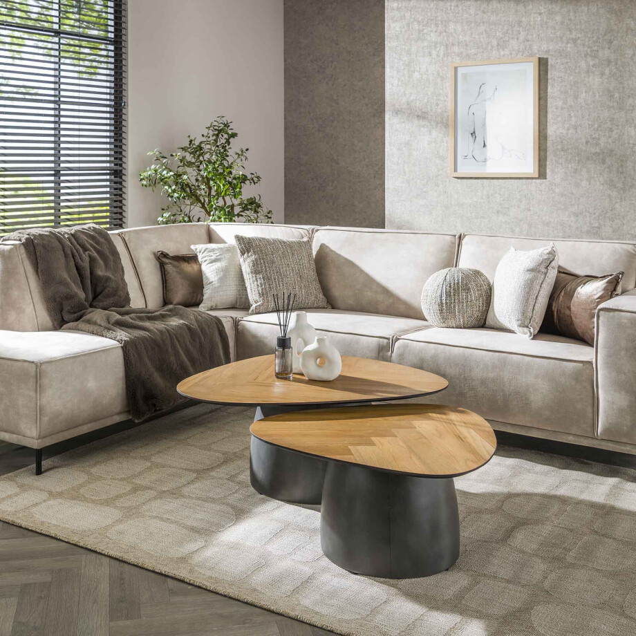 LifestyleFurn Organische Salontafel 'Taro' Visgraat Teakhout, Set van 2 stuks afbeelding 1