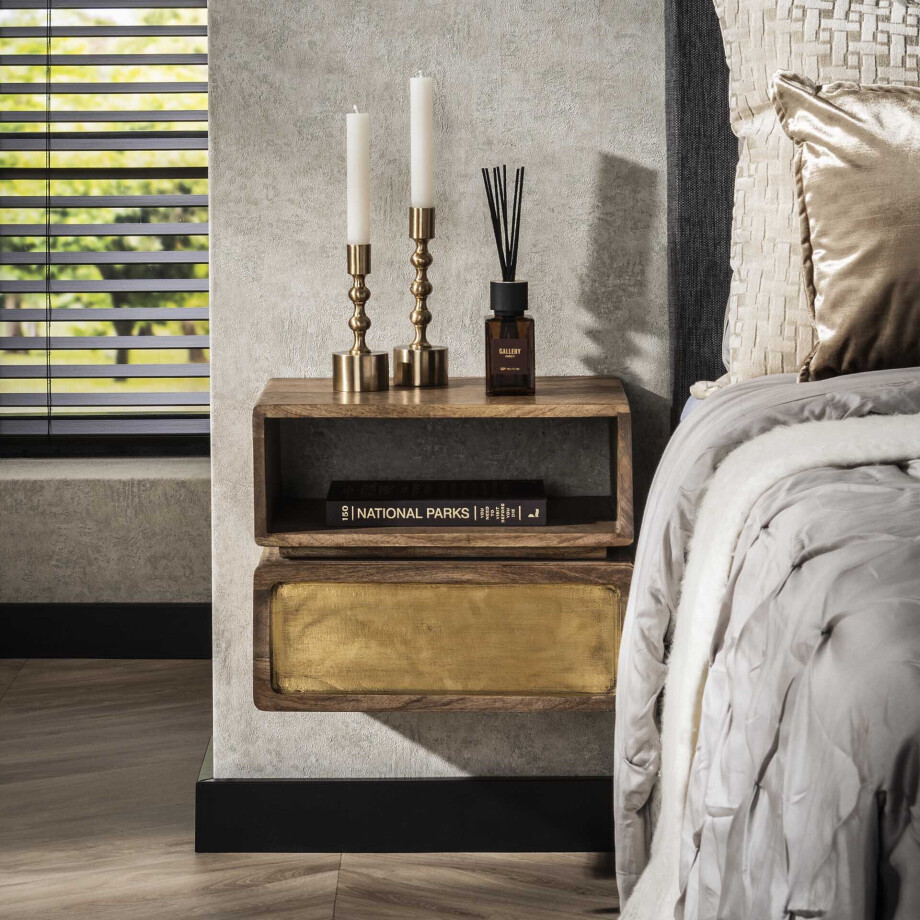 LifestyleFurn Hangend Nachtkastje 'Renée' Mangohout en brass, 33 x 40cm afbeelding 1