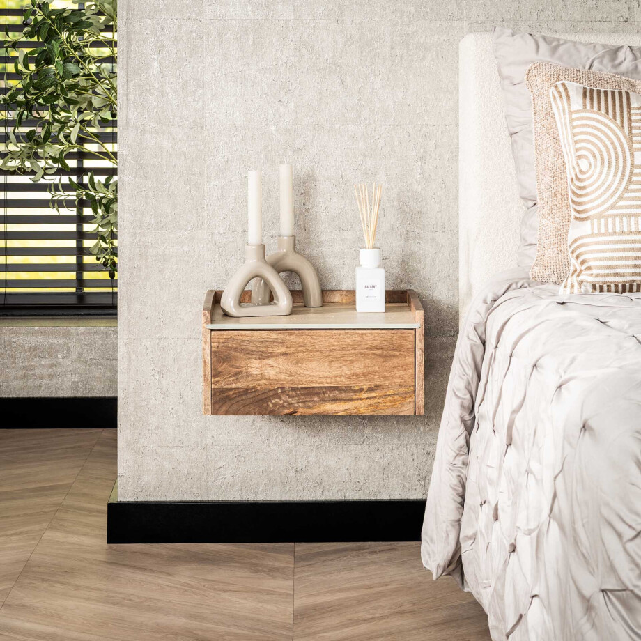 LifestyleFurn Zwevend Nachtkastje 'Beckie' Mangohout en travertinlook, Met 1 lade afbeelding 1