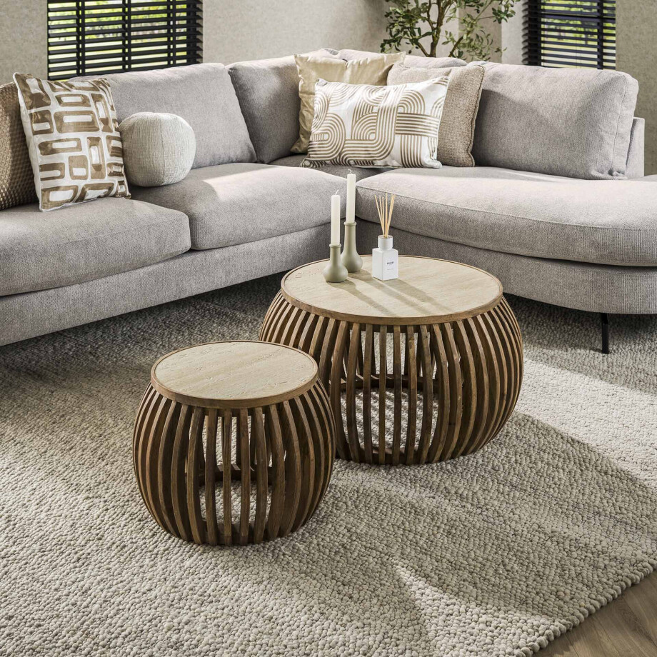 LifestyleFurn Ronde Salontafel 'Beckie' Mangohout en travertinlook, Set van 2 stuks afbeelding 1