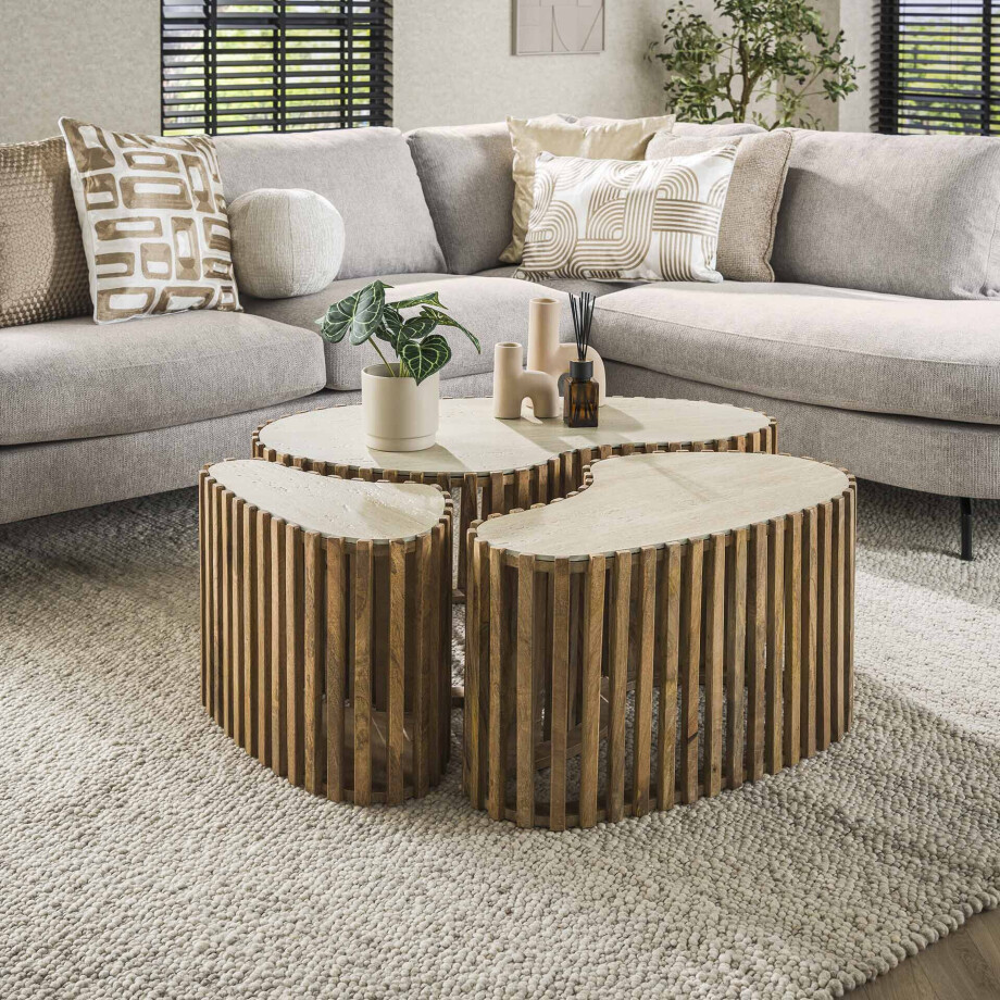 LifestyleFurn Organische Salontafel 'Beckie' Mangohout en Keramiek in Travertin-look, Set van 3 stuks afbeelding 1