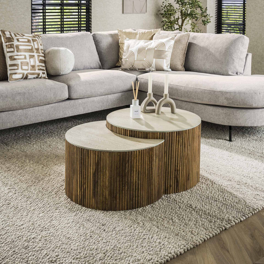 LifestyleFurn Halfronde Salontafel 'Beckie' Mangohout en Keramiek in Travertin-look, Set van 2 stuks afbeelding 1