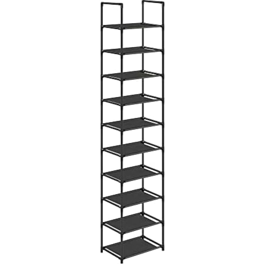 Schoenenrek, 10 niveaus, schoenenopberger, smal, metalen frame, planken van vliesstof, voor hal, slaapkamer, 28 x 45 x 173 cm, Zwart Schoenenrek, 10 niveaus, schoenenopberger, smal, metalen frame, planken van vliesstof, voor hal, slaapkamer, 28 x 45 x 173 cm, Zwart afbeelding 1