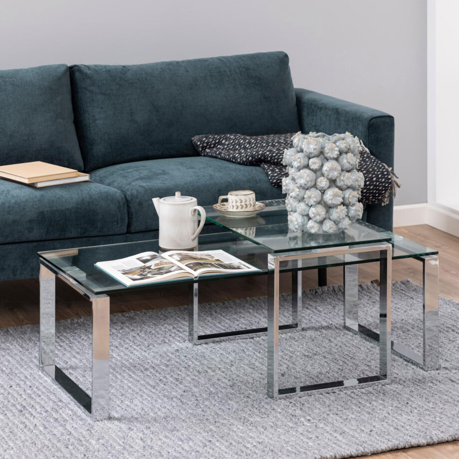 Bendt Glazen Salontafel 'Lone' set van 2 stuks, kleur chroom Bendt Glazen Salontafel 'Lone' set van 2 stuks, kleur chroom afbeelding