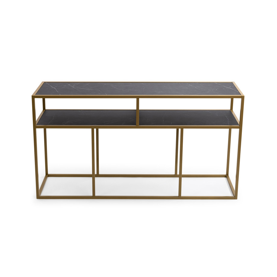 STALUX Side-table 'Teun' 150cm, kleur goud / zwart marmer afbeelding 1