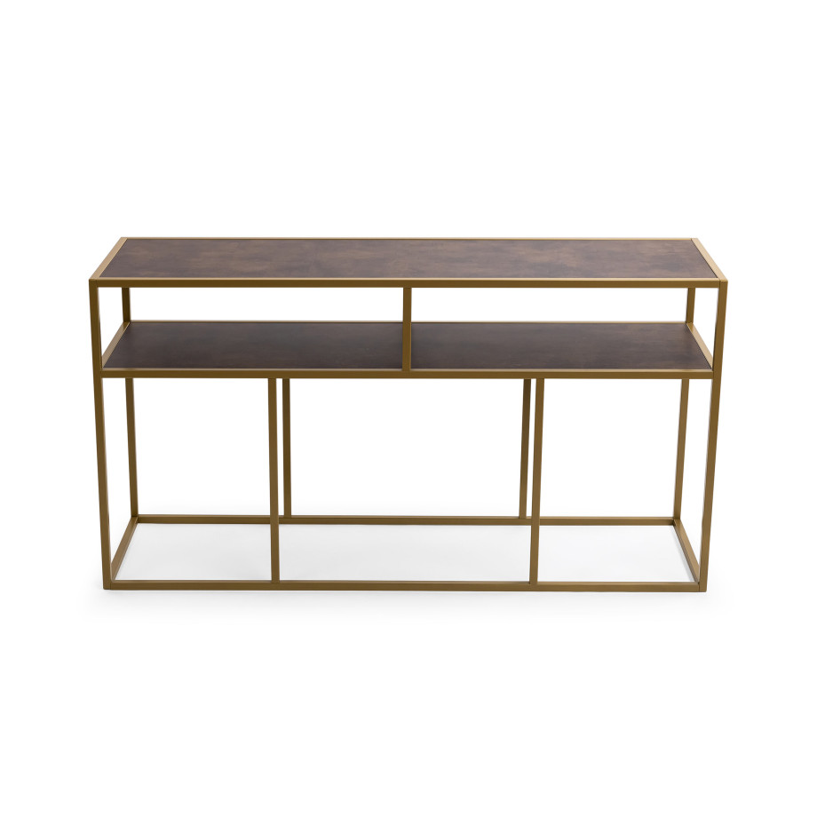 STALUX Side-table 'Teun' 150cm, kleur goud / lederlook bruin afbeelding 1