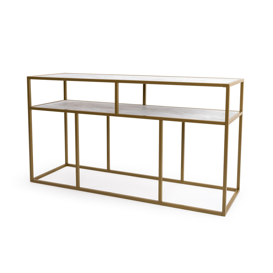 Stalux Side-table 'Teun' 150cm, kleur goud / wit marmer afbeelding 