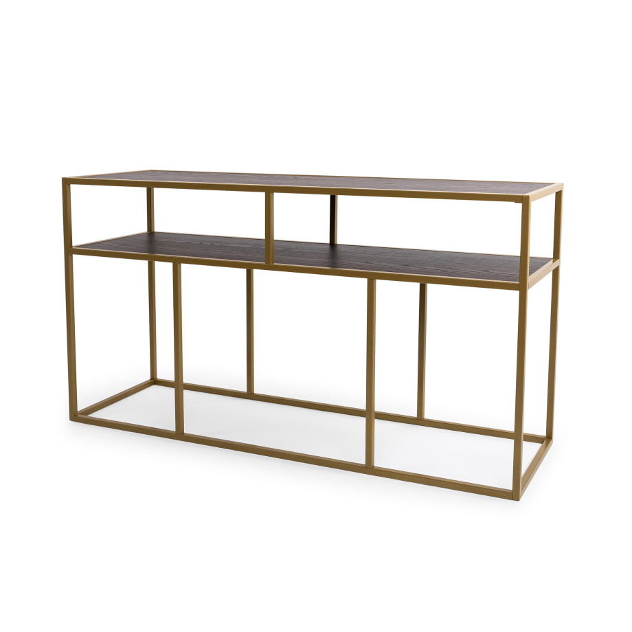 Stalux Side-table 'Teun' 150cm, kleur goud / bruin hout afbeelding 