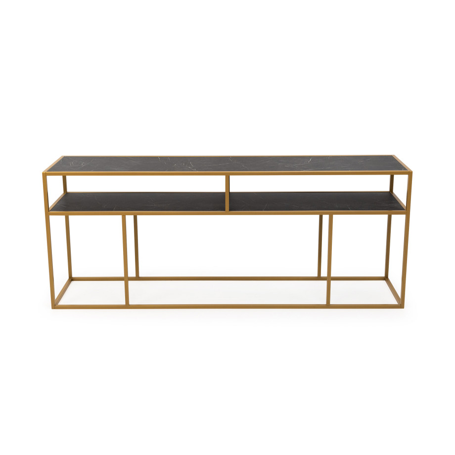 STALUX Side-table 'Teun' 200cm, kleur goud / zwart marmer afbeelding 1