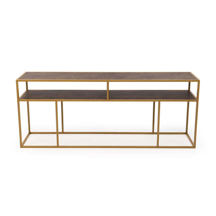 STALUX Side-table 'Teun' 200cm, kleur goud / lederlook bruin afbeelding 1