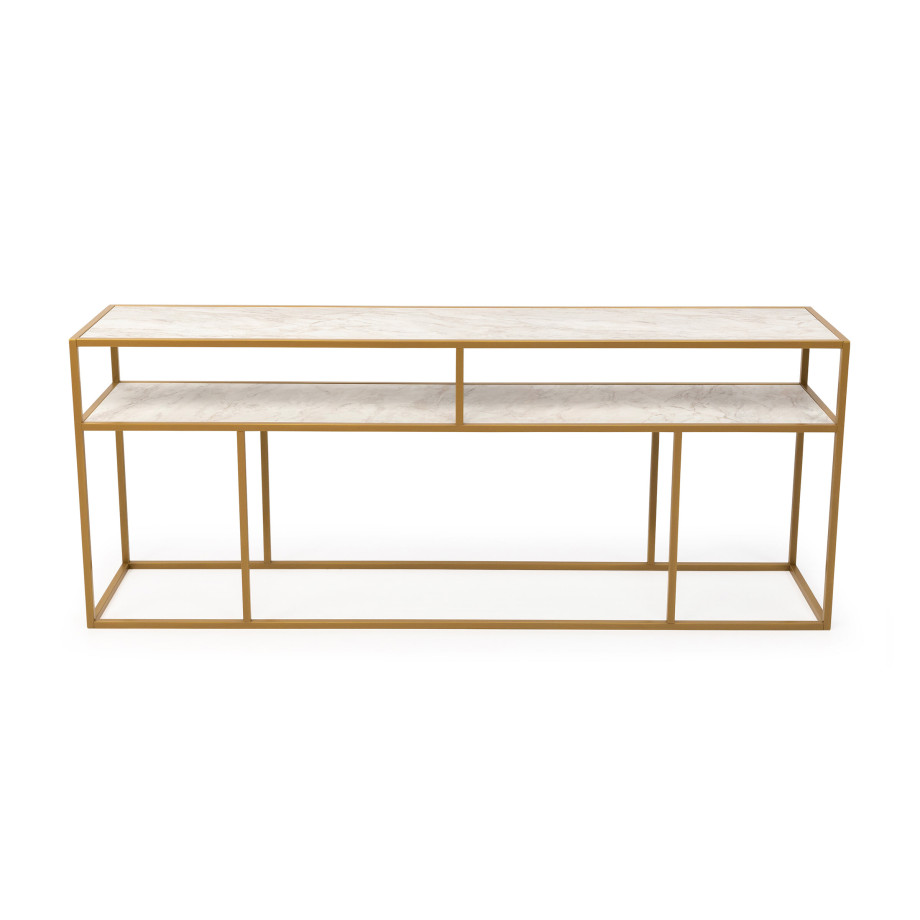 Stalux Side-table 'Teun' 200cm, kleur goud / wit marmer afbeelding 